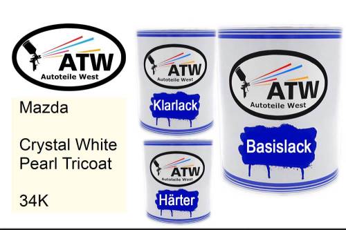 Mazda, Crystal White Pearl Tricoat, 34K: 1L Lackdose + 1L Klarlack + 500ml Härter - Set, von ATW Autoteile West.